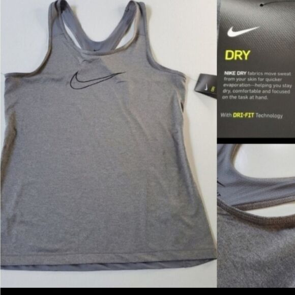 NEW NIKE Dri-Fit Racerback Gray RUNNING LOGO DRY Tank Top L LARGE NWT - Picture 1 of 8